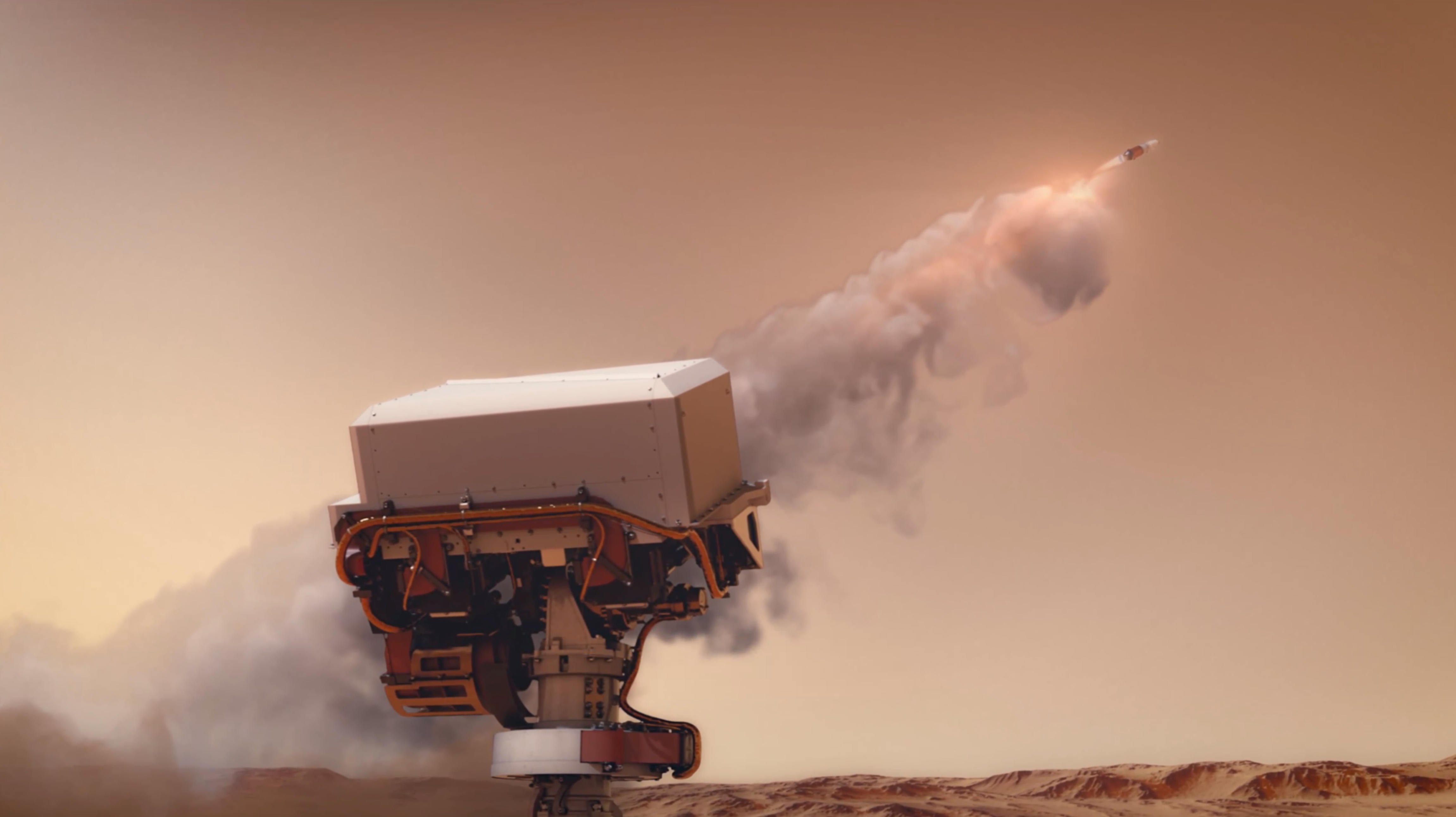 A rover appears to be looking up at a launching rocket as it lifts off into the skies of Mars.